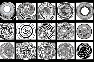 a small fibonacci spiral with a sun and a moon with ocean waves and mountains in a line. tattoo idea