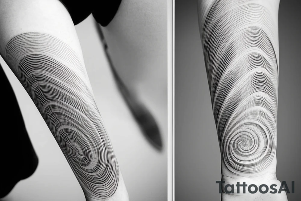 a spiraling, winding line that starts at the base in a spiral and gradually moves upward, eventually straightening out.  As the line spirals upward, it loops and crosses over itself as it ascends. The line eventually straightens out and then fades into smaller dots tattoo idea