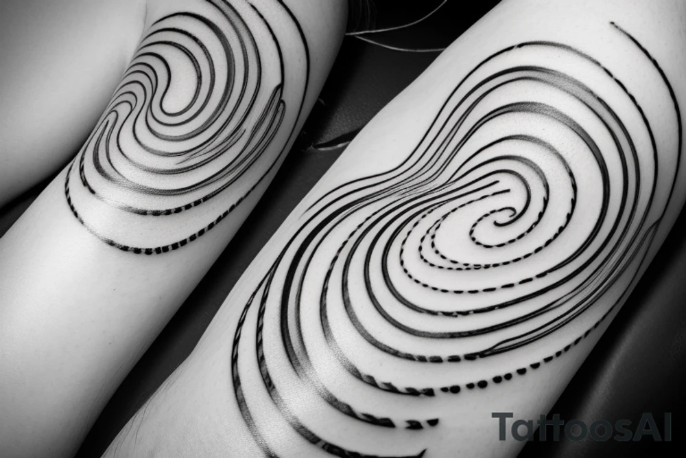 a spiraling, winding line that starts at the base in a spiral and gradually moves upward, eventually straightening out.  As the line spirals upward, it loops and crosses over itself as it ascends. The line eventually straightens out and then fades into smaller dots tattoo idea