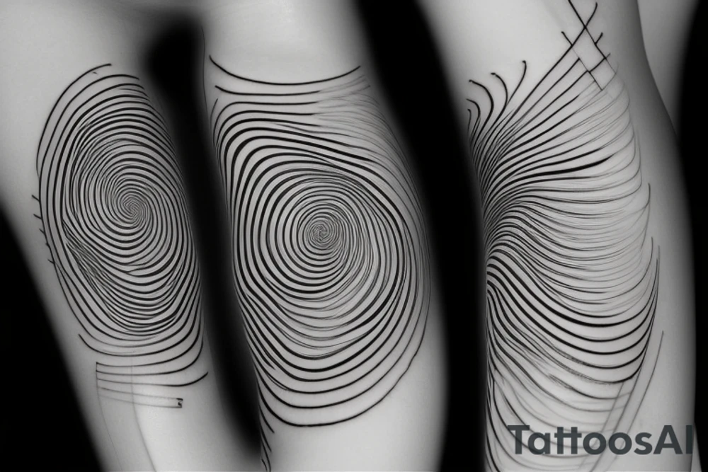 a spiraling, winding line that starts at the base in a spiral and gradually moves upward, eventually straightening out.  As the line spirals upward, it loops and crosses over itself as it ascends. The line eventually straightens out and then fades into smaller dots tattoo idea