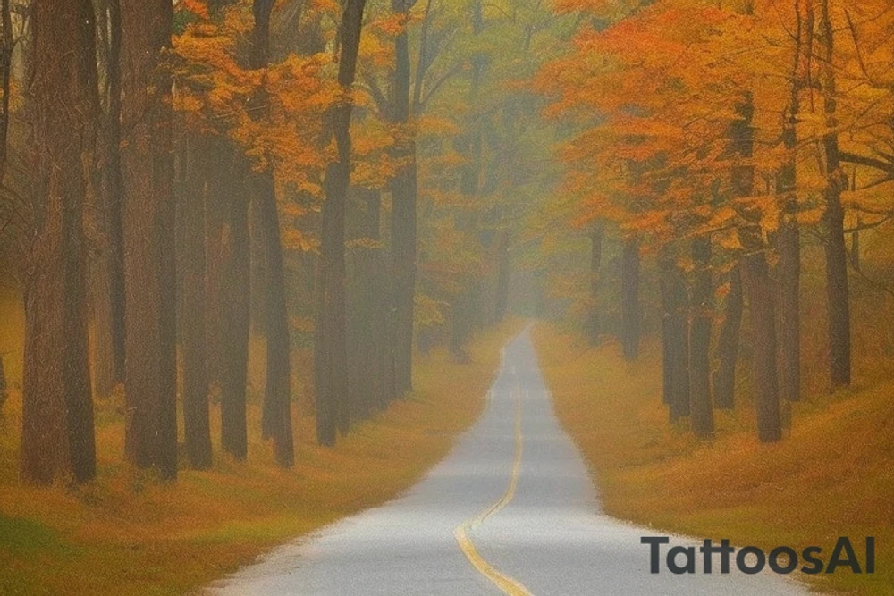 I want a tattoo for the back if my shoulder. I want it to be based on Robert Frost's poem The Road Not Taken. In the tattoo, I want it to include a wood in the fall with a path that diverges into two roads. Also, I want it to incorporate the line of the poem that reads "Two roads diverged in a wood, and I—
I took the one less traveled by,
And that has made all the difference." tattoo idea