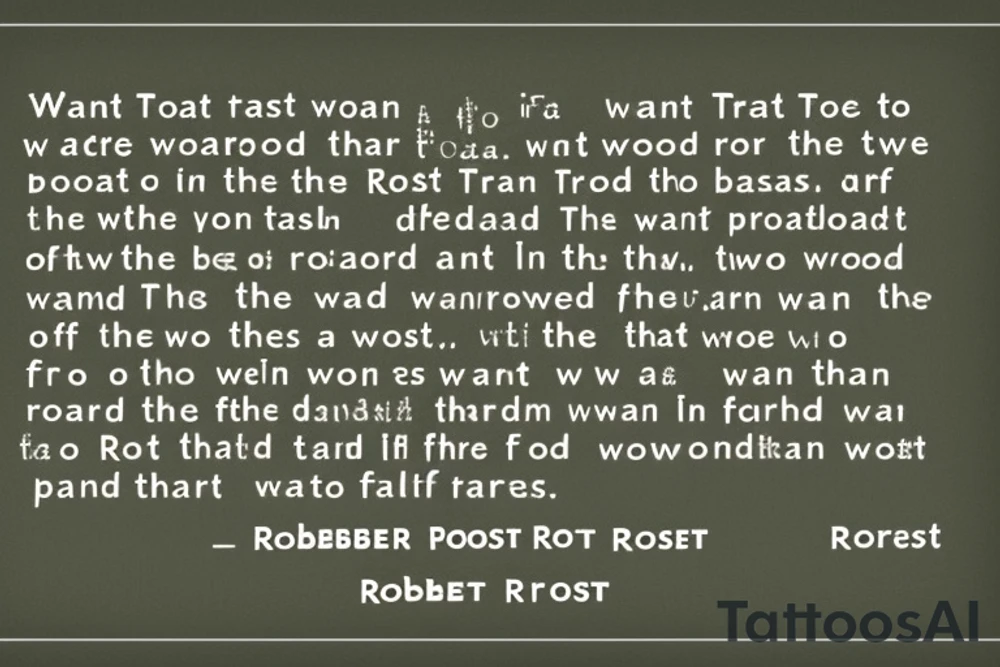 I want a tattoo for the back if my shoulder. I want it to be based on Robert Frost's poem The Road Not Taken. In the tattoo, I want it to include a wood in the fall with a path that diverges into two roads. Also, I want it to incorporate the line of the poem that reads "Two roads diverged in a wood, and I—
I took the one less traveled by,
And that has made all the difference." tattoo idea