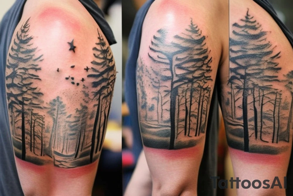 I want a tattoo for the back if my shoulder. I want it to be based on Robert Frost's poem The Road Not Taken. In the tattoo, I want it to include a wood in the fall with a path that diverges into two roads. Also, I want it to incorporate the line of the poem that reads "Two roads diverged in a wood, and I—
I took the one less traveled by,
And that has made all the difference." tattoo idea