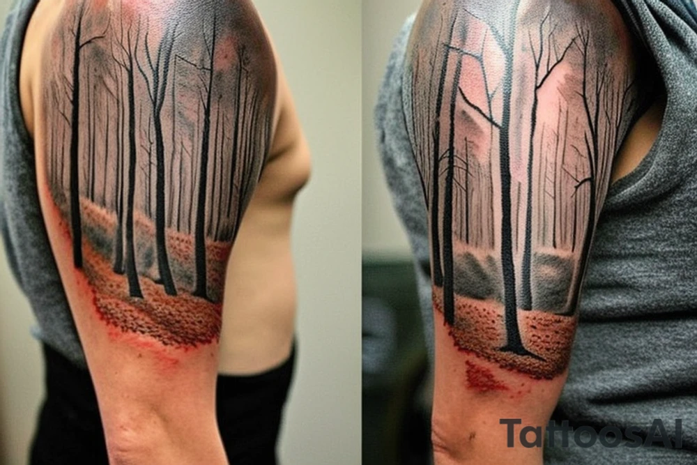 I want a tattoo for the back if my shoulder. I want it to be based on Robert Frost's poem The Road Not Taken. In the tattoo, I want it to include a wood in the fall with a path that diverges into two roads. Also, I want it to incorporate the line of the poem that reads "Two roads diverged in a wood, and I—
I took the one less traveled by,
And that has made all the difference." tattoo idea