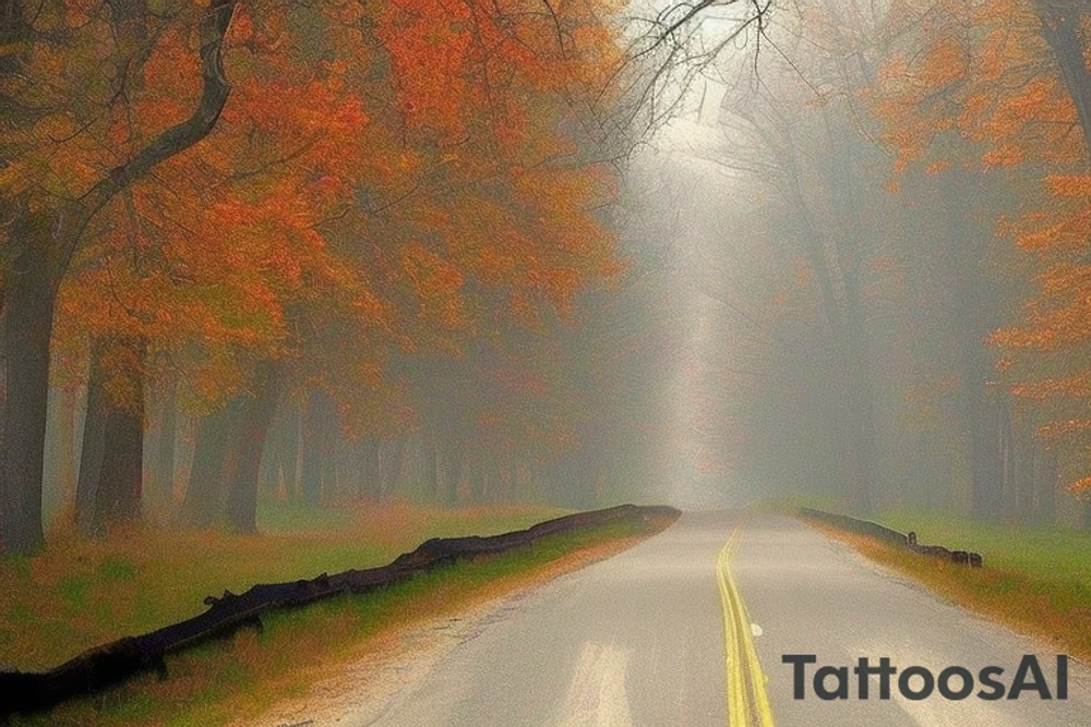 I want a tattoo for the back if my shoulder. I want it to be based on Robert Frost's poem The Road Not Taken. In the tattoo, I want it to include a wood in the fall with a path that diverges into two roads. Also, I want it to incorporate the line of the poem that reads "Two roads diverged in a wood, and I—
I took the one less traveled by,
And that has made all the difference." tattoo idea