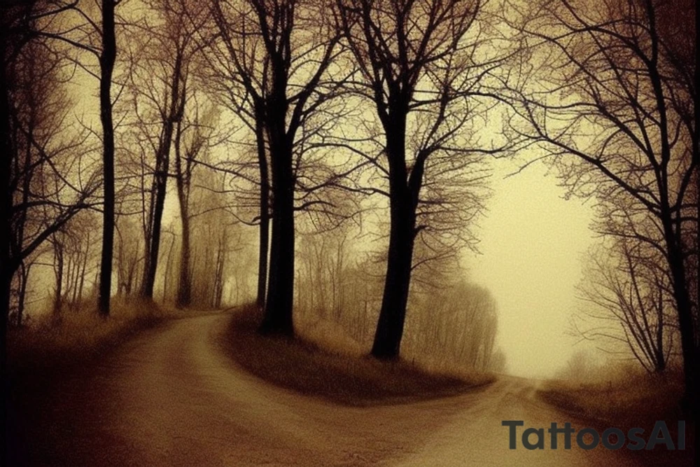 I want a tattoo for the back if my shoulder. I want it to be based on Robert Frost's poem The Road Not Taken. In the tattoo, I want it to include a wood in the fall with a path that diverges into two roads. Also, I want it to incorporate the line of the poem that reads "Two roads diverged in a wood, and I—
I took the one less traveled by,
And that has made all the difference." tattoo idea