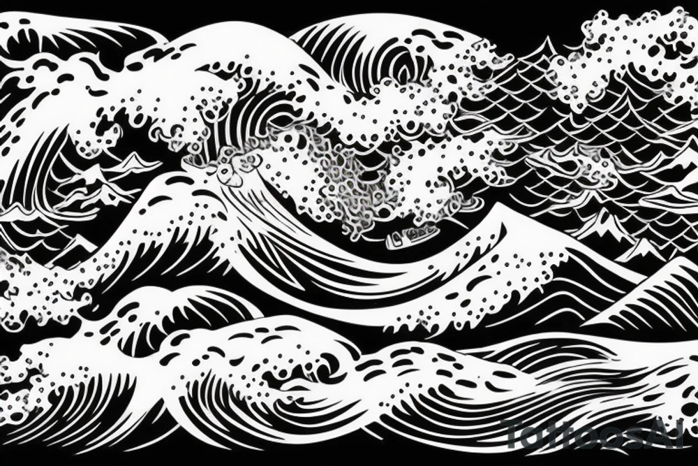 Nature and surf-themed design capturing the spirit of an extroverted adventurer, mixing wave and mountain tattoo idea