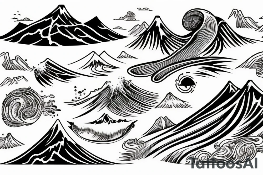 Nature and surf-themed design capturing the spirit of an extroverted adventurer, mixing wave and mountain tattoo idea