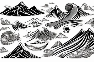 Nature and surf-themed design capturing the spirit of an extroverted adventurer, mixing wave and mountain tattoo idea