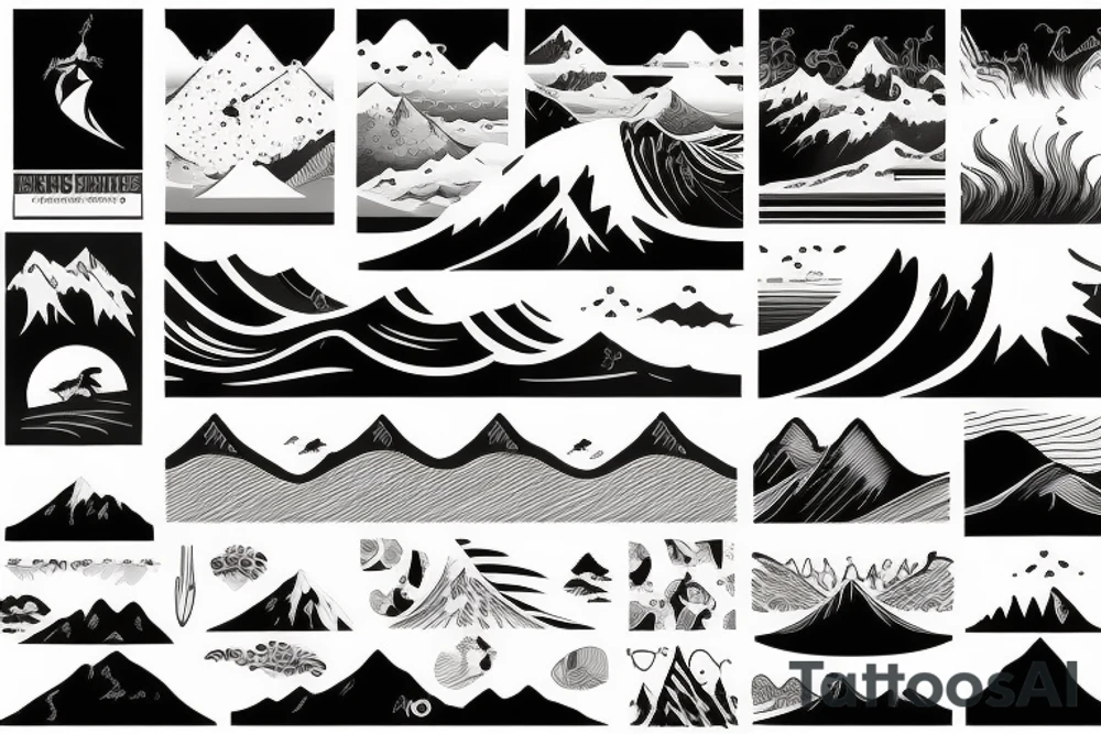 Nature and surf-themed design capturing the spirit of an extroverted adventurer, mixing wave and mountain tattoo idea