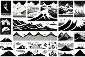 Nature and surf-themed design capturing the spirit of an extroverted adventurer, mixing wave and mountain tattoo idea