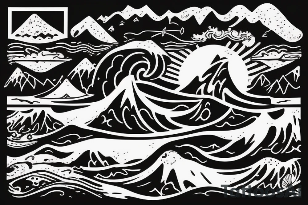 Nature and surf-themed design capturing the spirit of an extroverted adventurer, mixing wave and mountain tattoo idea
