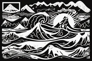 Nature and surf-themed design capturing the spirit of an extroverted adventurer, mixing wave and mountain tattoo idea