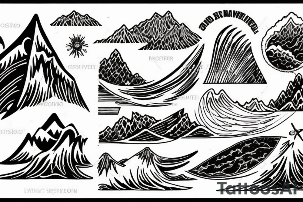 Nature and surf-themed design capturing the spirit of an extroverted adventurer, mixing wave and mountain tattoo idea