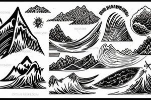 Nature and surf-themed design capturing the spirit of an extroverted adventurer, mixing wave and mountain tattoo idea