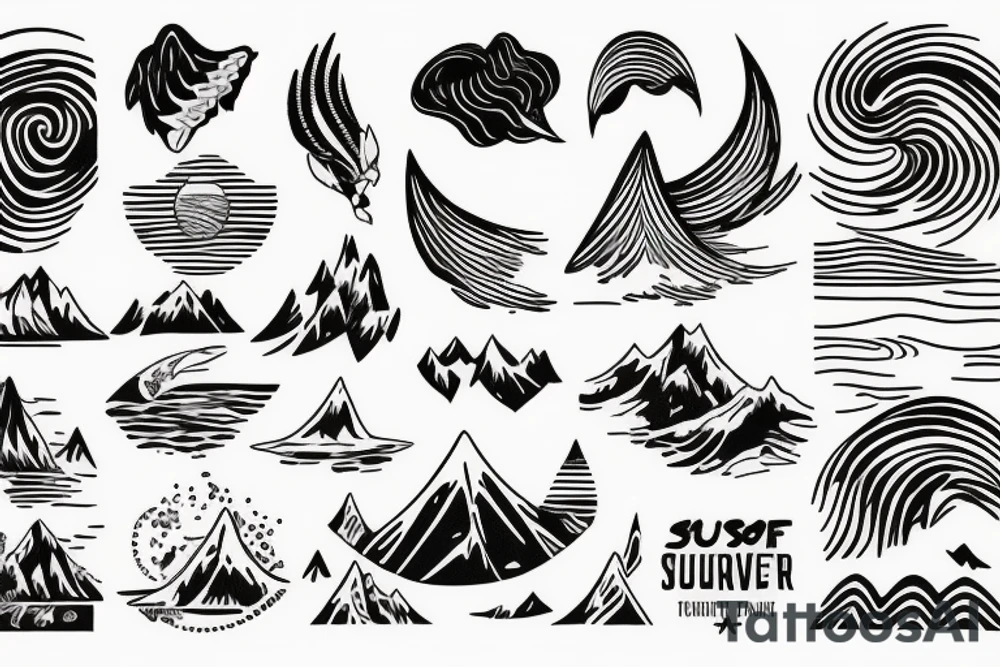 Nature and surf-themed design capturing the spirit of an extroverted adventurer, mixing wave and mountain tattoo idea