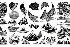 Nature and surf-themed design capturing the spirit of an extroverted adventurer, mixing wave and mountain tattoo idea