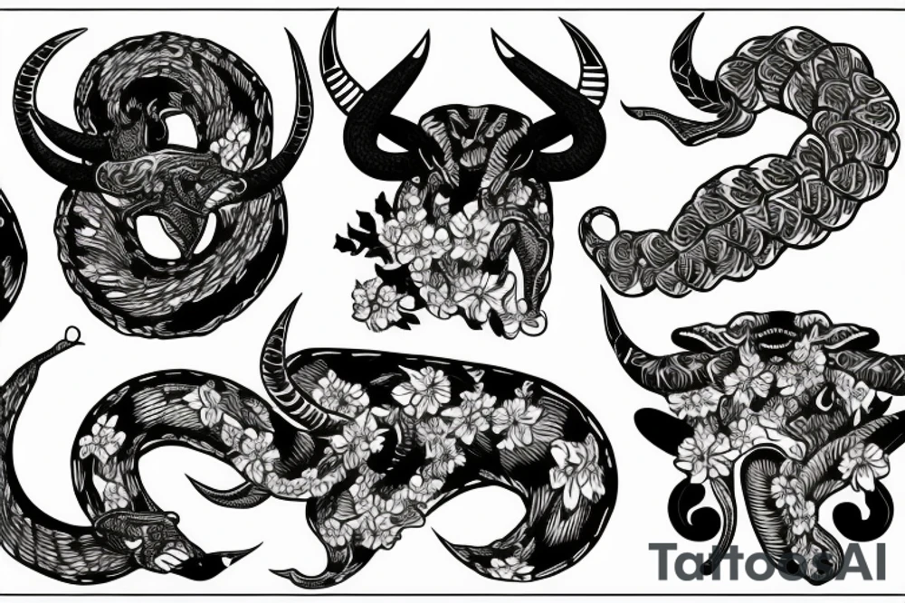 snake wrapped around bull horns with a floral background tattoo idea