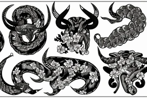snake wrapped around bull horns with a floral background tattoo idea
