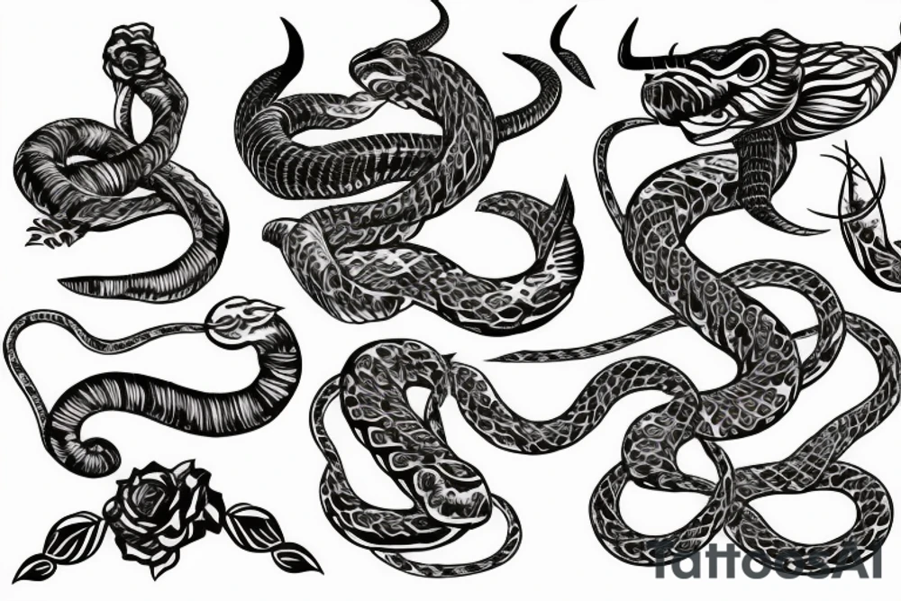 snake wrapped around bull horns with a floral background tattoo idea