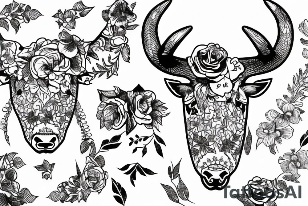 bull horns with a floral background tattoo idea