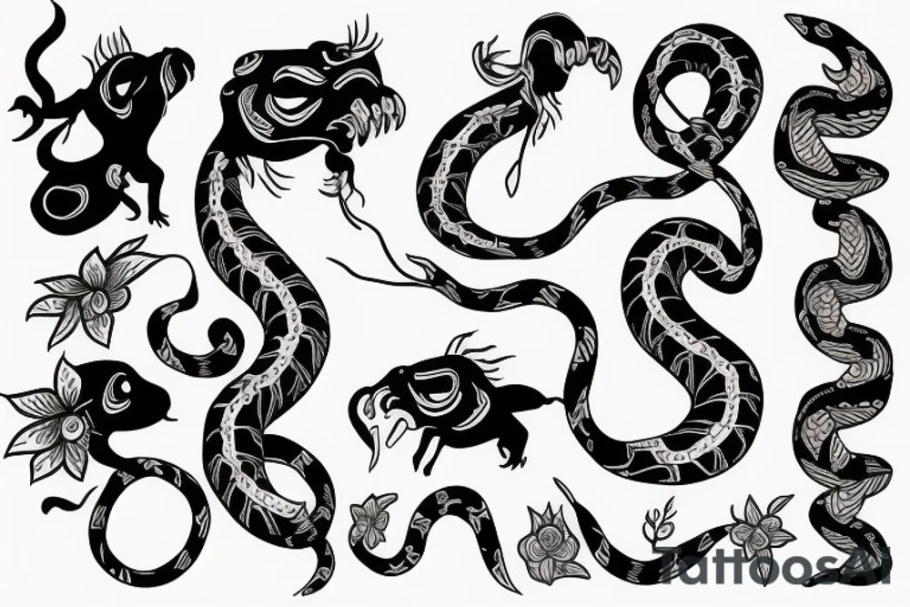 snake and a bull with a floral background tattoo idea