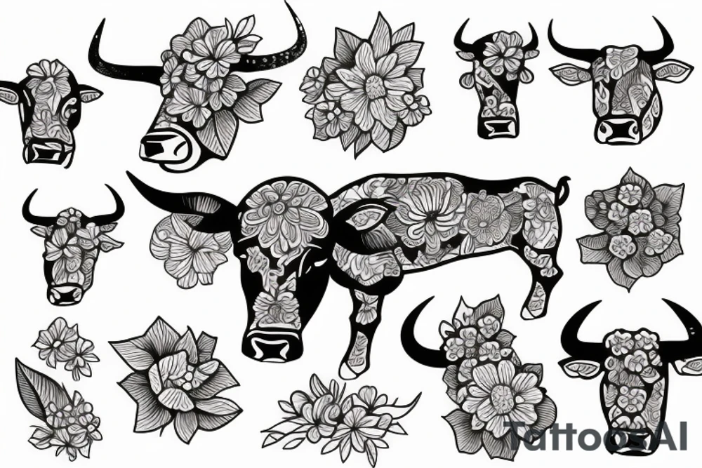 a bull  with flowers tattoo idea