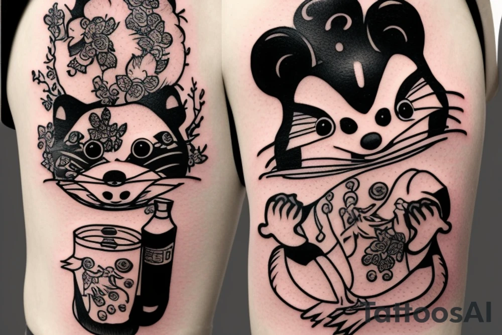 TANUKI DRINKING SOJU FROM SOJU BOTTLE tattoo idea