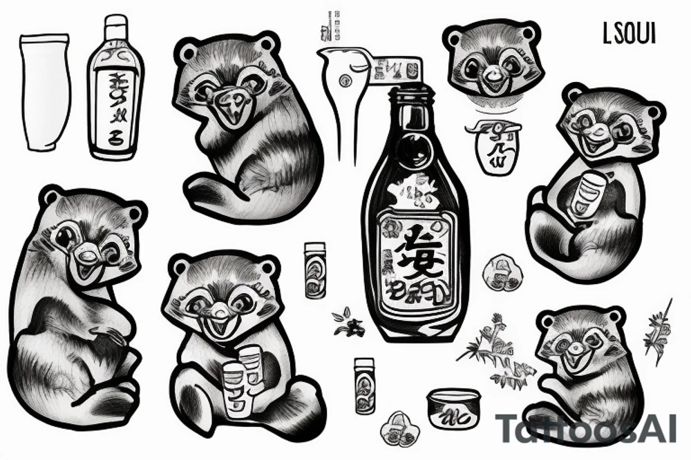 TANUKI DRINKING SOJU FROM SOJU BOTTLE tattoo idea