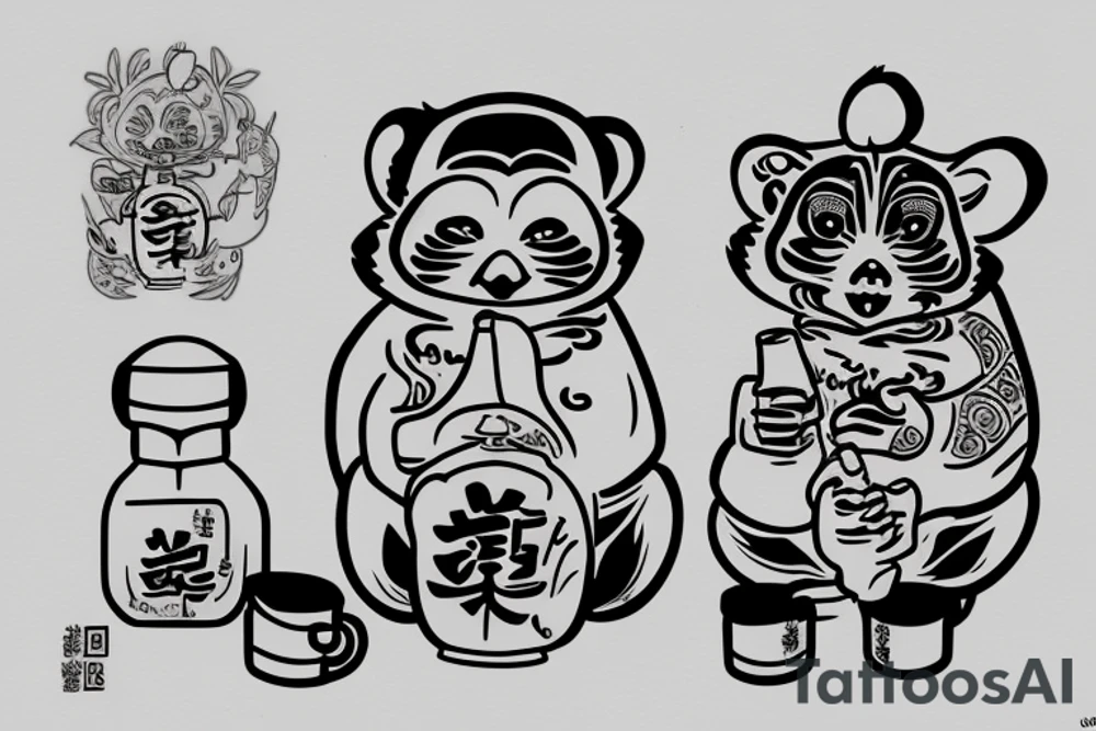 TANUKI SITTING DRINKING SOJU BOTTLE tattoo idea
