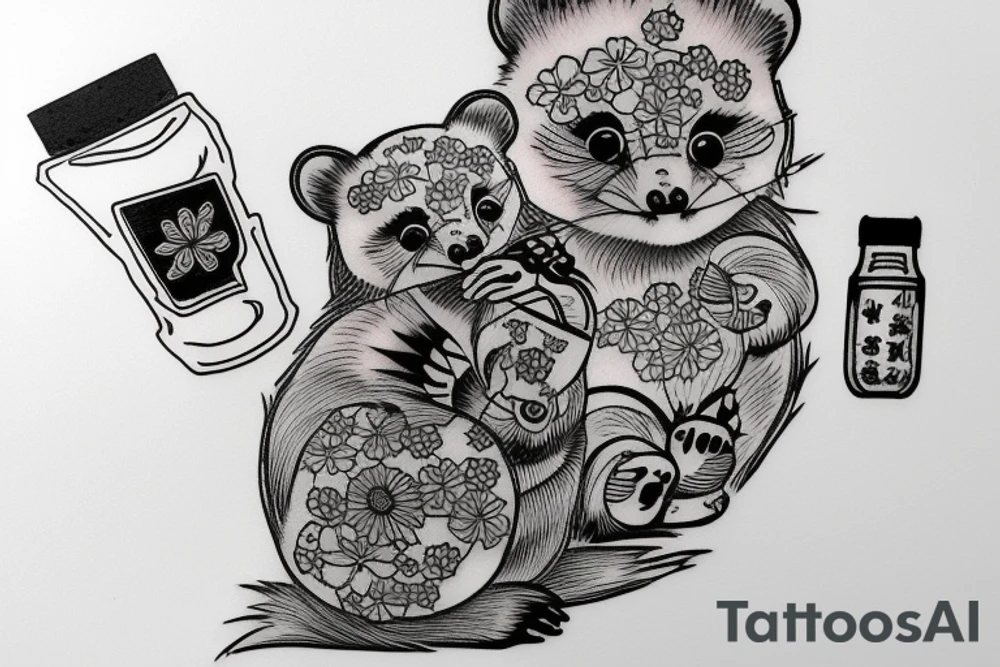 TANUKI SITTING DRINKING SOJU BOTTLE tattoo idea