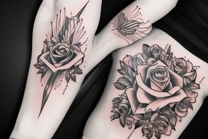 Remembrance sleeve tattoo, angel wings roses and the name Tiffany tattoo idea