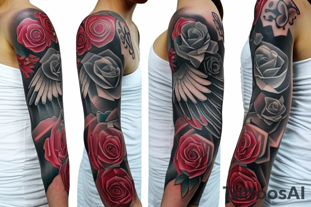 Remembrance sleeve tattoo, angel wings roses and the name Tiffany tattoo idea