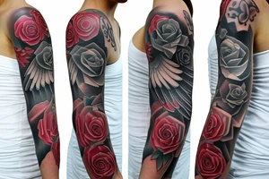 Remembrance sleeve tattoo, angel wings roses and the name Tiffany tattoo idea