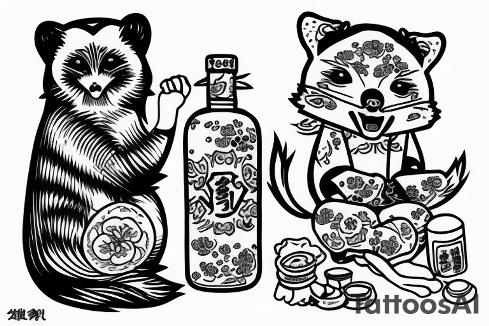 TANUKI SITTING DRINKING SOJU BOTTLE tattoo idea