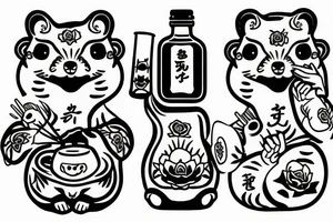 TANUKI SITTING DRINKING SOJU BOTTLE tattoo idea