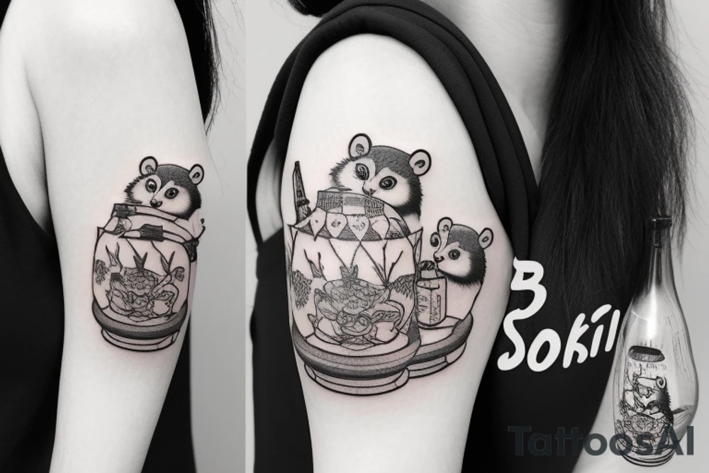 TANUKI SITTING DRINKING SOJU BOTTLE tattoo idea