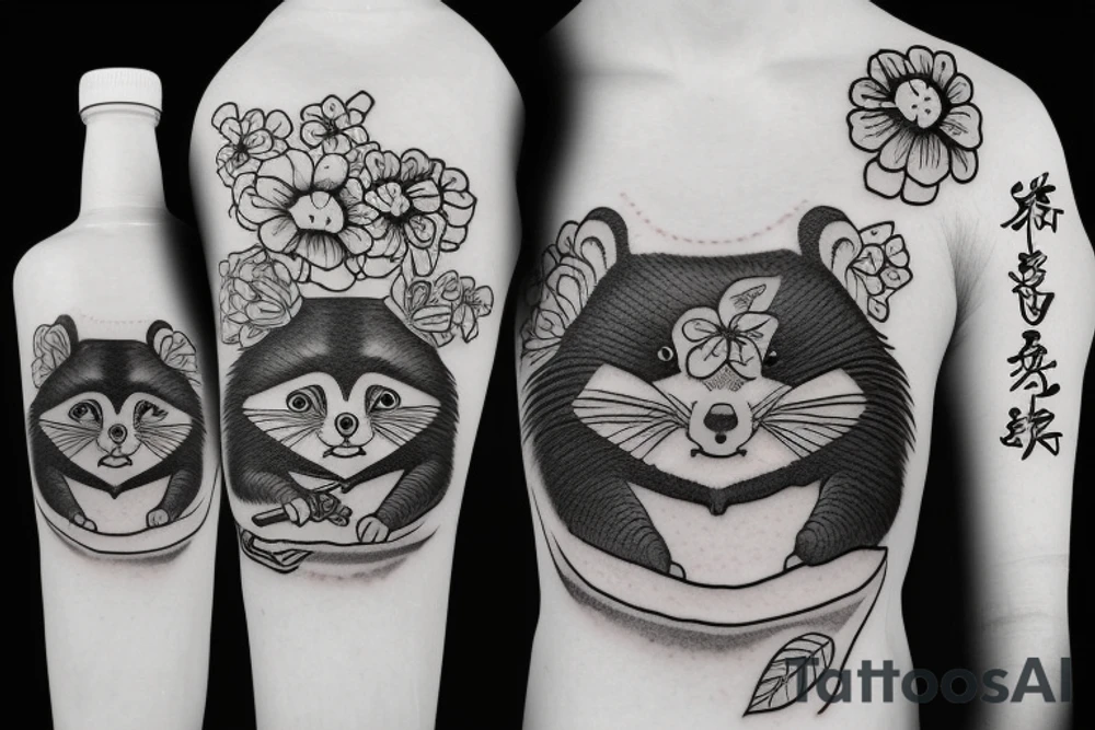 CUTE TANUKI SITTING DRINKING SOJU BOTTLE tattoo idea