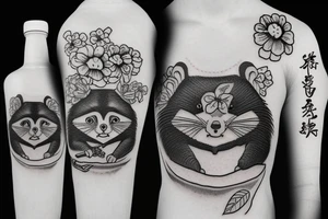 CUTE TANUKI SITTING DRINKING SOJU BOTTLE tattoo idea