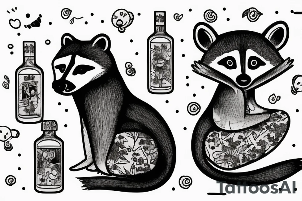 DRUNK RACCOON  SITTING SOJU BOTTLE tattoo idea