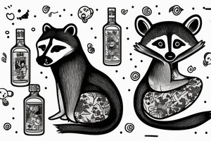 DRUNK RACCOON  SITTING SOJU BOTTLE tattoo idea