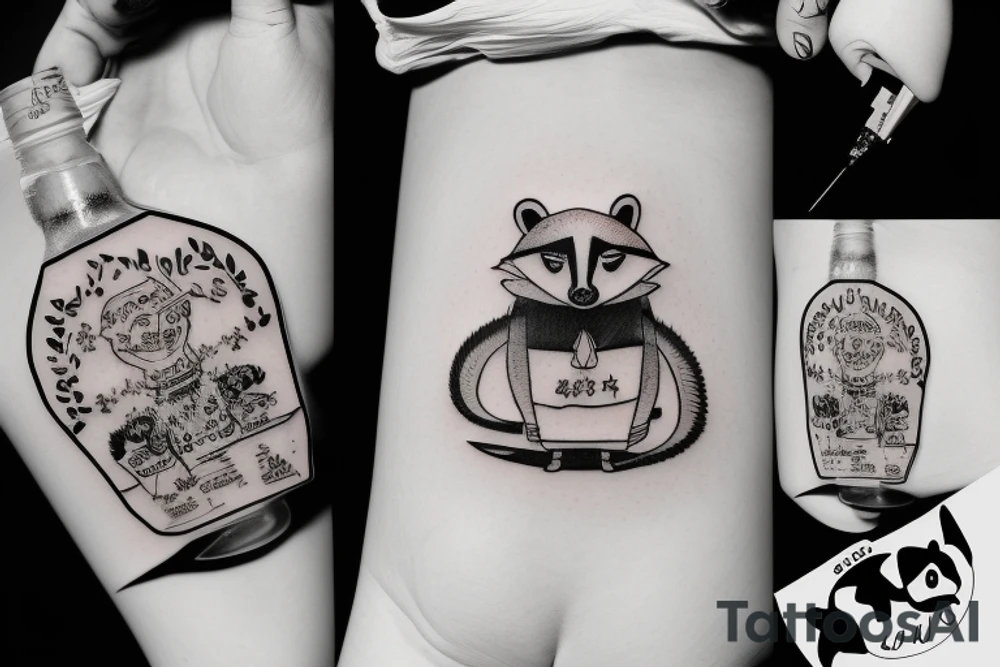 DRUNK RACCOON  SITTING SOJU BOTTLE tattoo idea