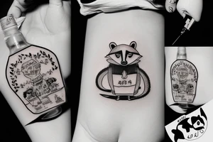 DRUNK RACCOON  SITTING SOJU BOTTLE tattoo idea