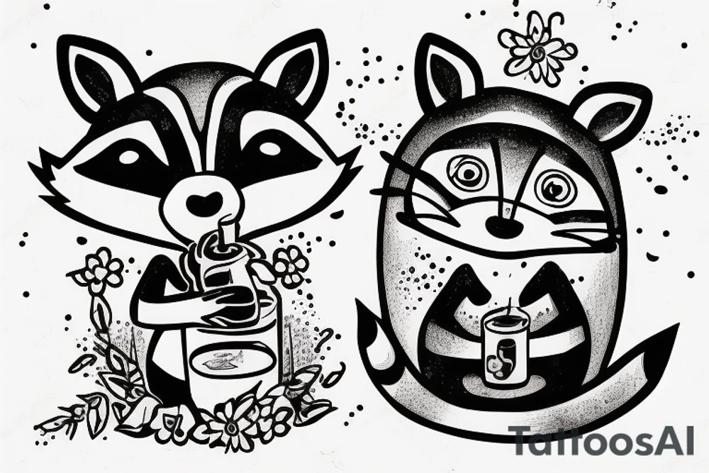 DRUNK RACCOON SITTING WITH SOJU BOTTLE tattoo idea