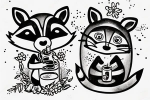 DRUNK RACCOON SITTING WITH SOJU BOTTLE tattoo idea