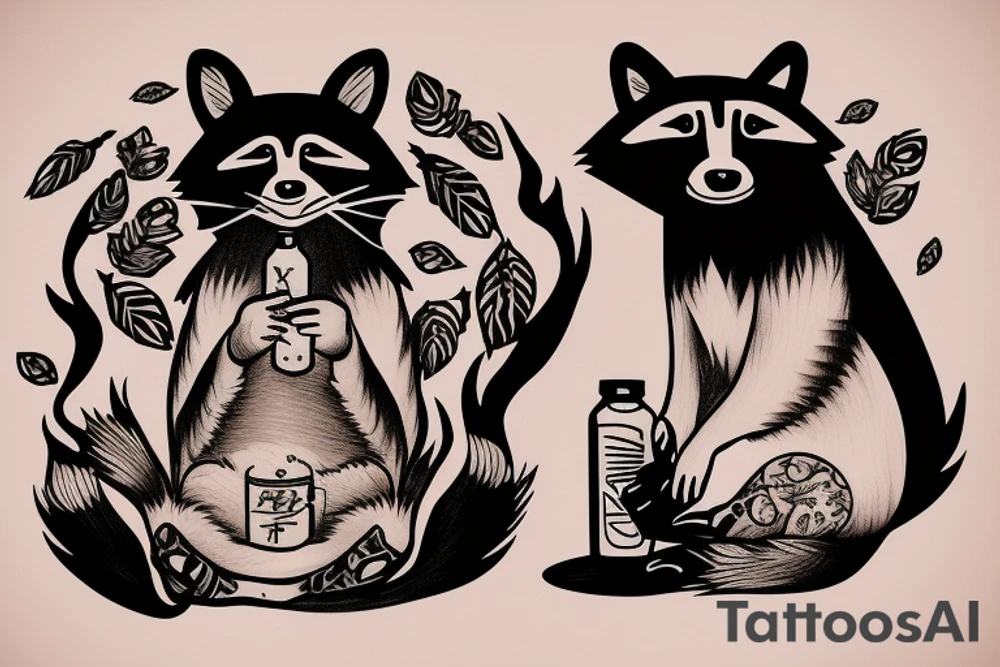 DRUNK RACCOON SITTING WITH SOJU BOTTLE tattoo idea