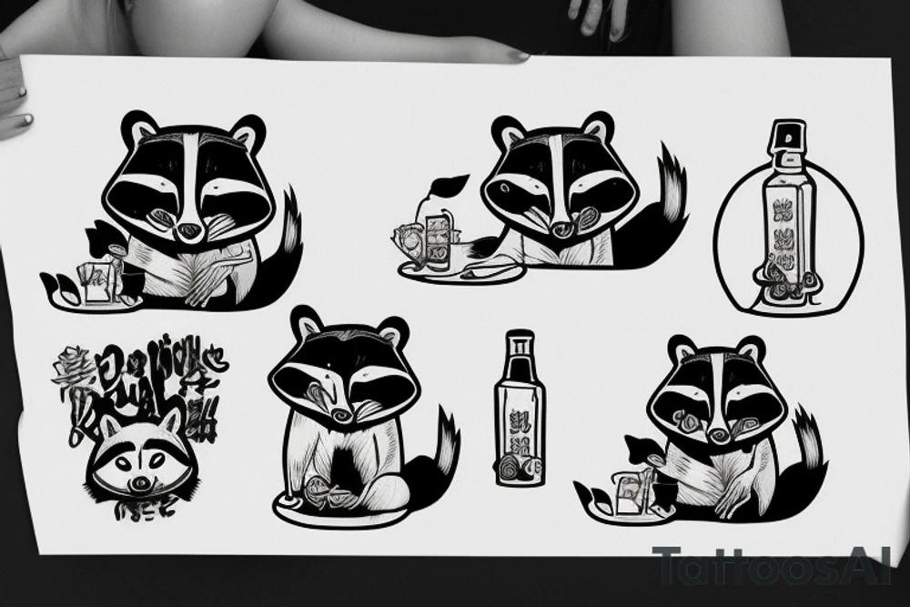 RACCOON SITTING WITH SOJU BOTTLE tattoo idea