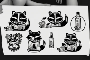 RACCOON SITTING WITH SOJU BOTTLE tattoo idea