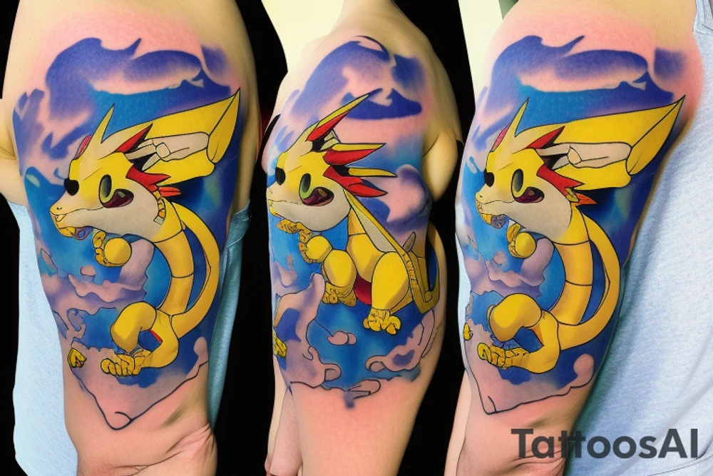 Agumon is flying with a ballon in the sky tattoo idea