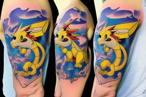 Agumon is flying with a ballon in the sky tattoo idea